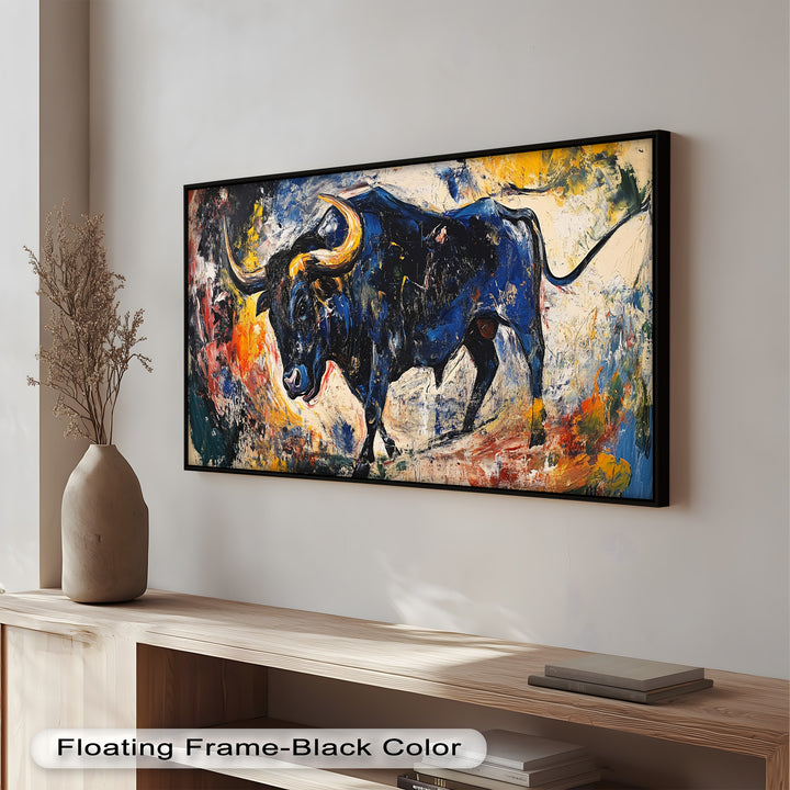 Fierce Blue Bull in Motion – Abstract Oil Painting