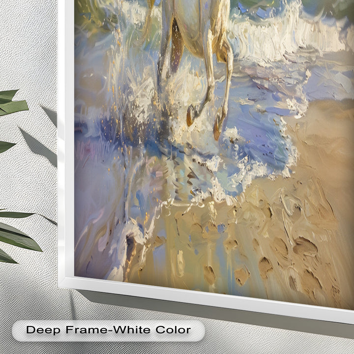 White Horse Galloping on Beach – Dynamic Oil Painting