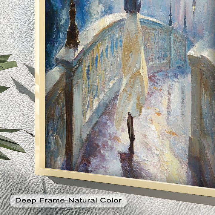 Woman with Umbrella on Cobblestone Bridge – Oil Painting