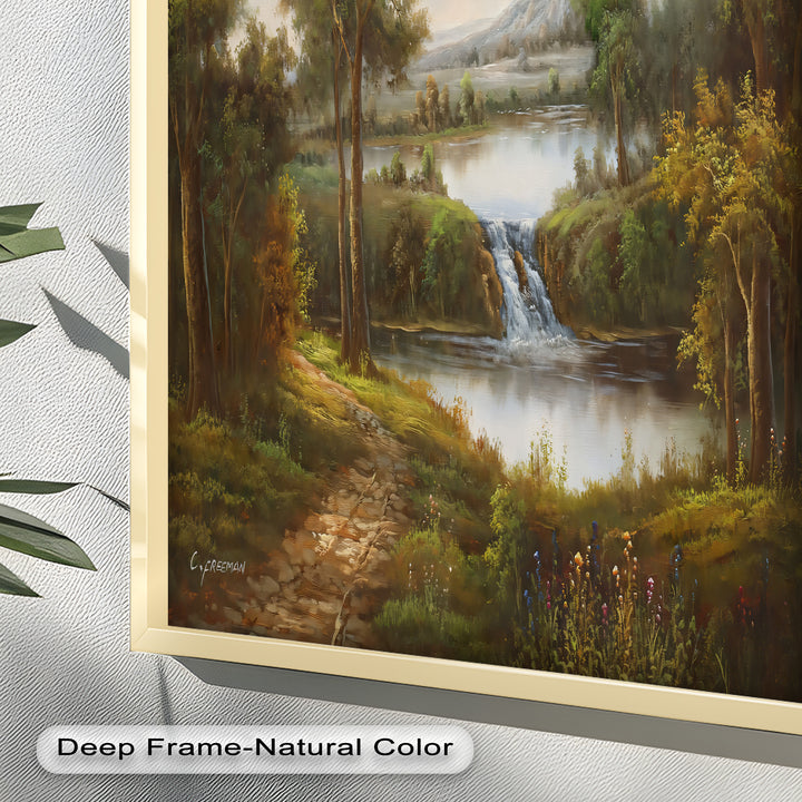 Tranquil Forest Cascade – Vintage Oil Painting