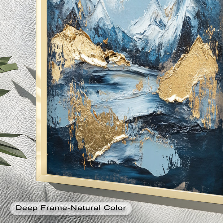 Arctic Peaks – Abstraktes Ölgemälde mit Bergmotiven in Blau und Gold