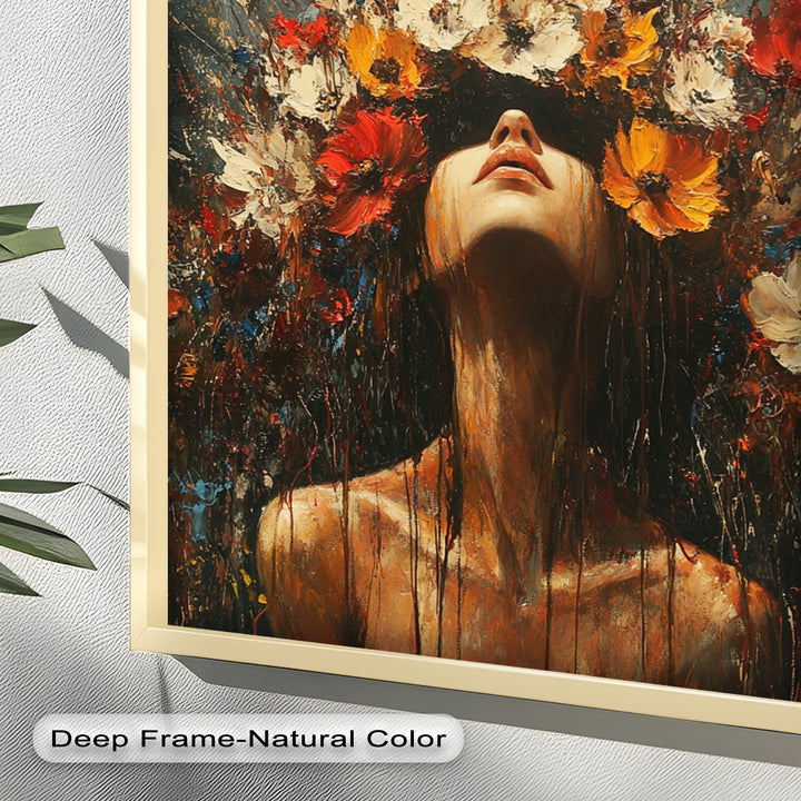 Floral Rebirth – Woman with Blossoming Crown Abstract Oil Painting