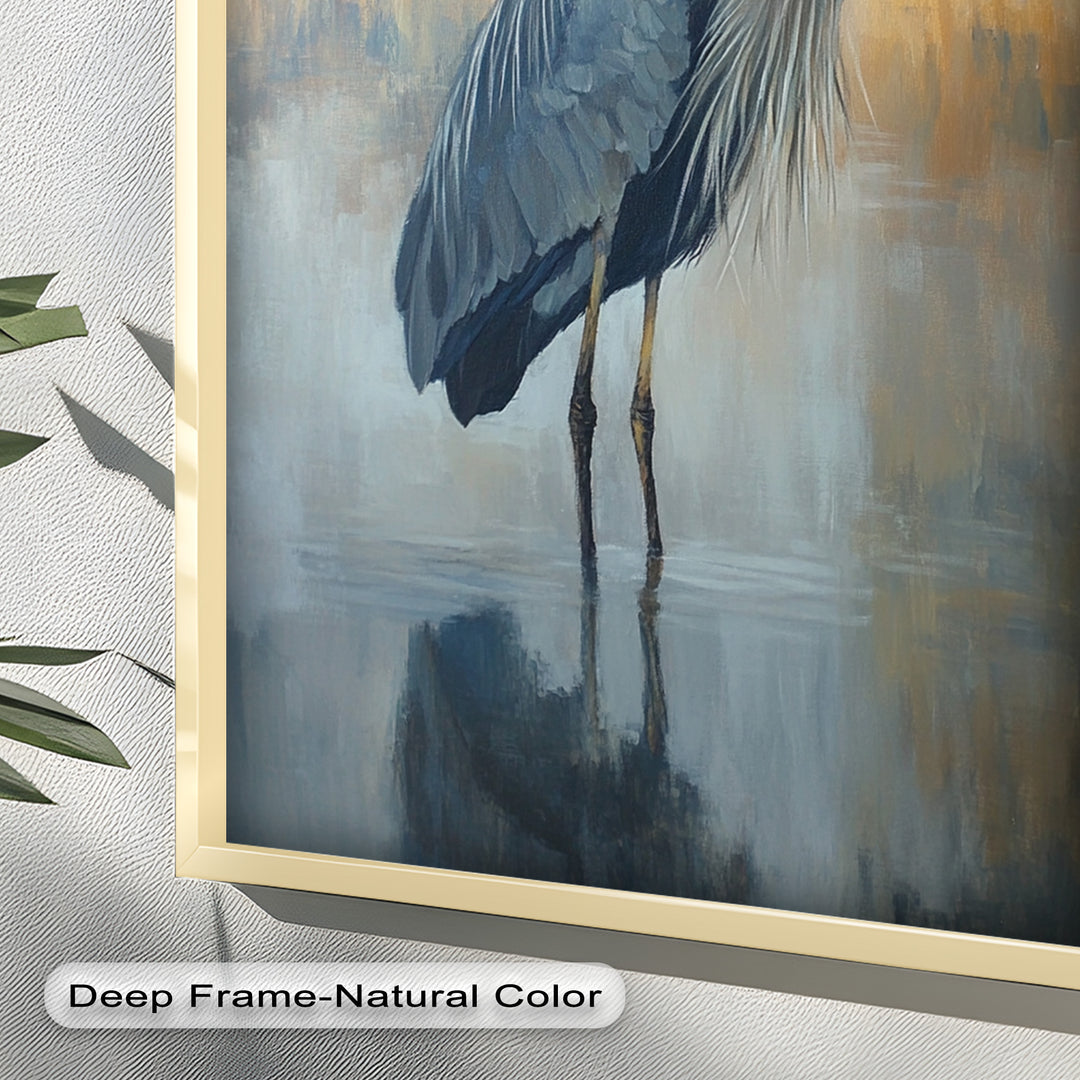 Heron in Misty Marshland - Framed Oil Painting