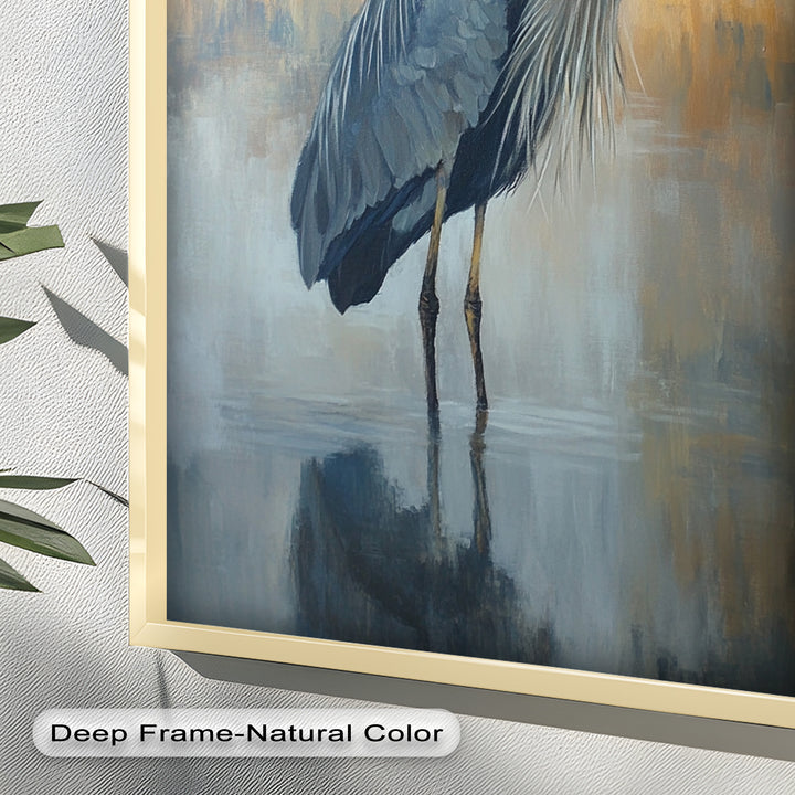 Heron in Misty Marshland - Framed Oil Painting