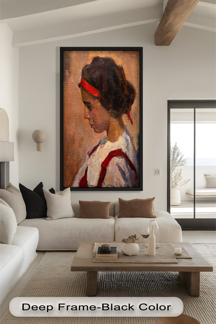 Crimson Reverie – Side Portrait of a Girl in Red Headband Oil Painting