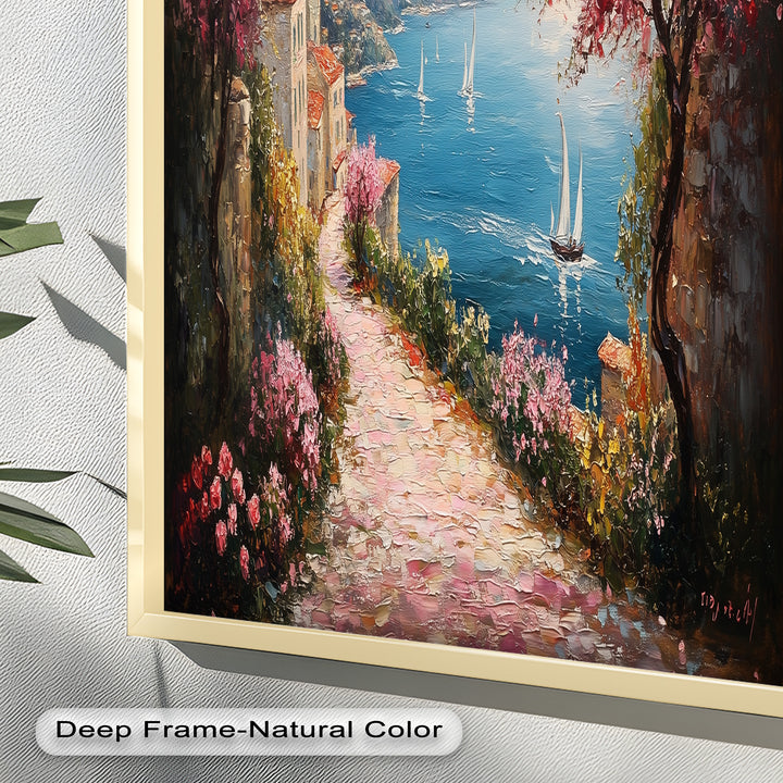 Incredible Sea Street & Spring Blossoms – Coastal Charm Oil Painting