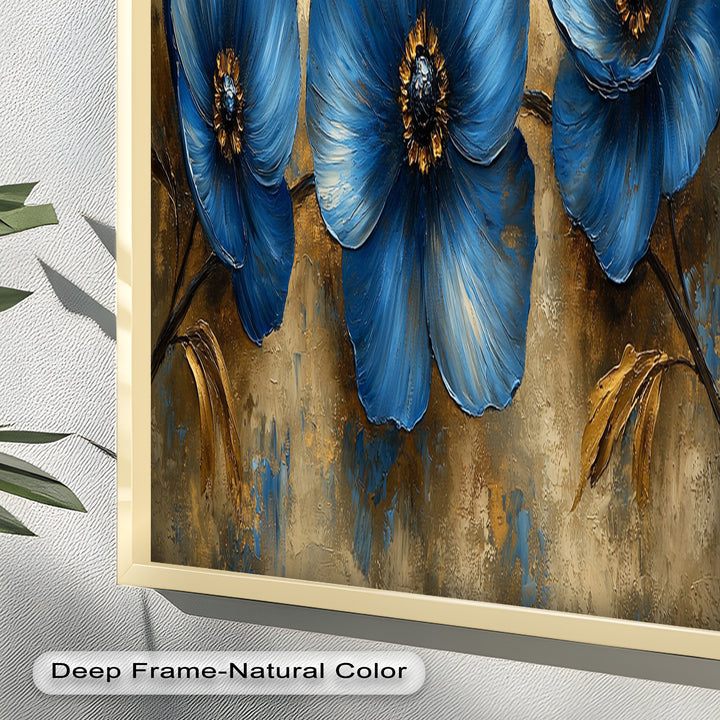 Golden Beige Elegance – Royal Blue Floral Trio Flower Oil Painting
