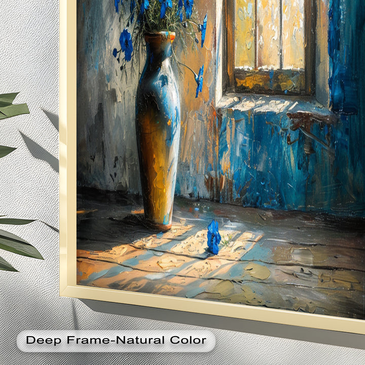 Blue Flowers in Vase – Rustic Still Life Oil Painting