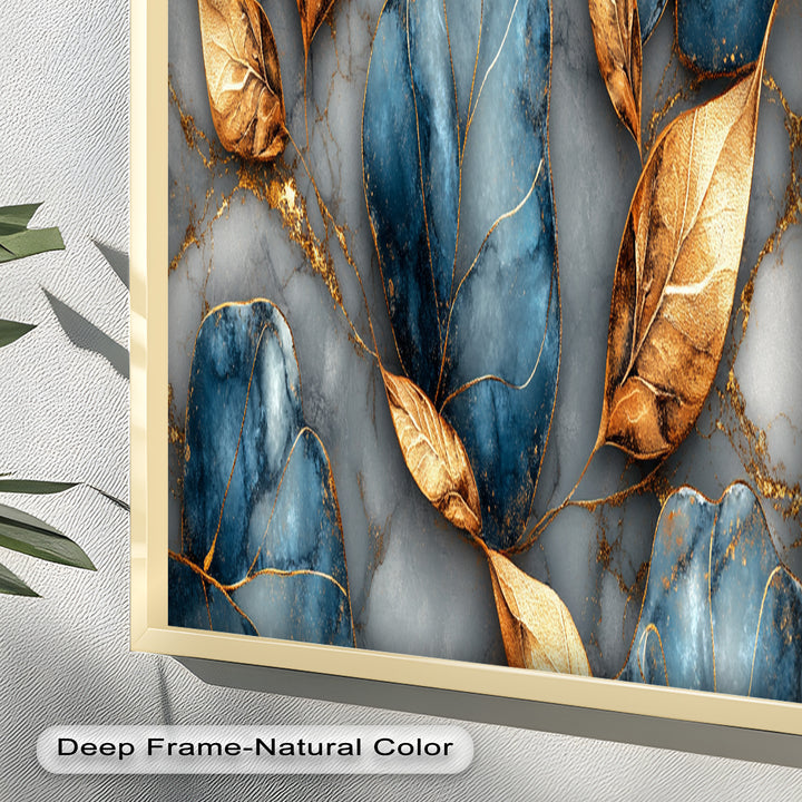 Golden Blue Marble Leaves – Botanical Oil Painting
