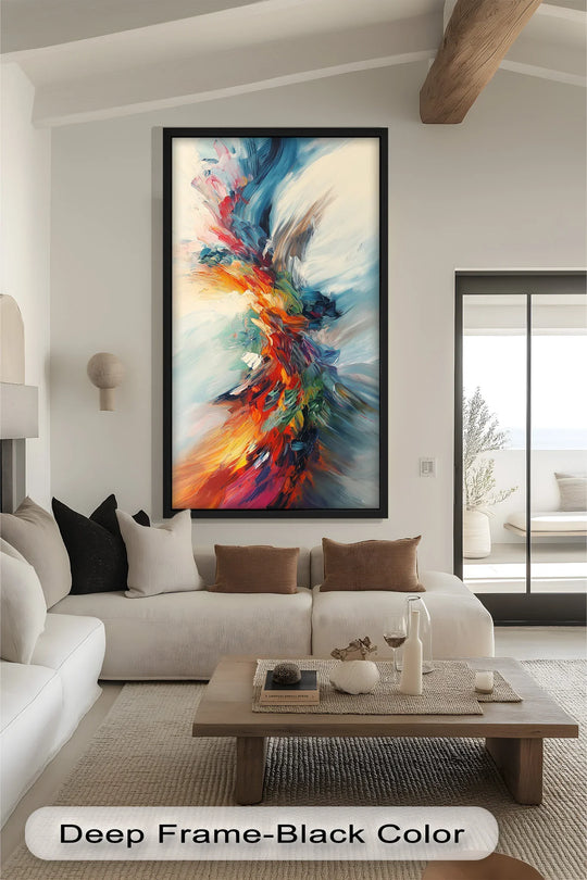 Focusing on the realistic detail, a vibrant eruption of color comes alive in this oil painting art prints, with a dynamic display of abstract energy in red, teal, and orange hues.