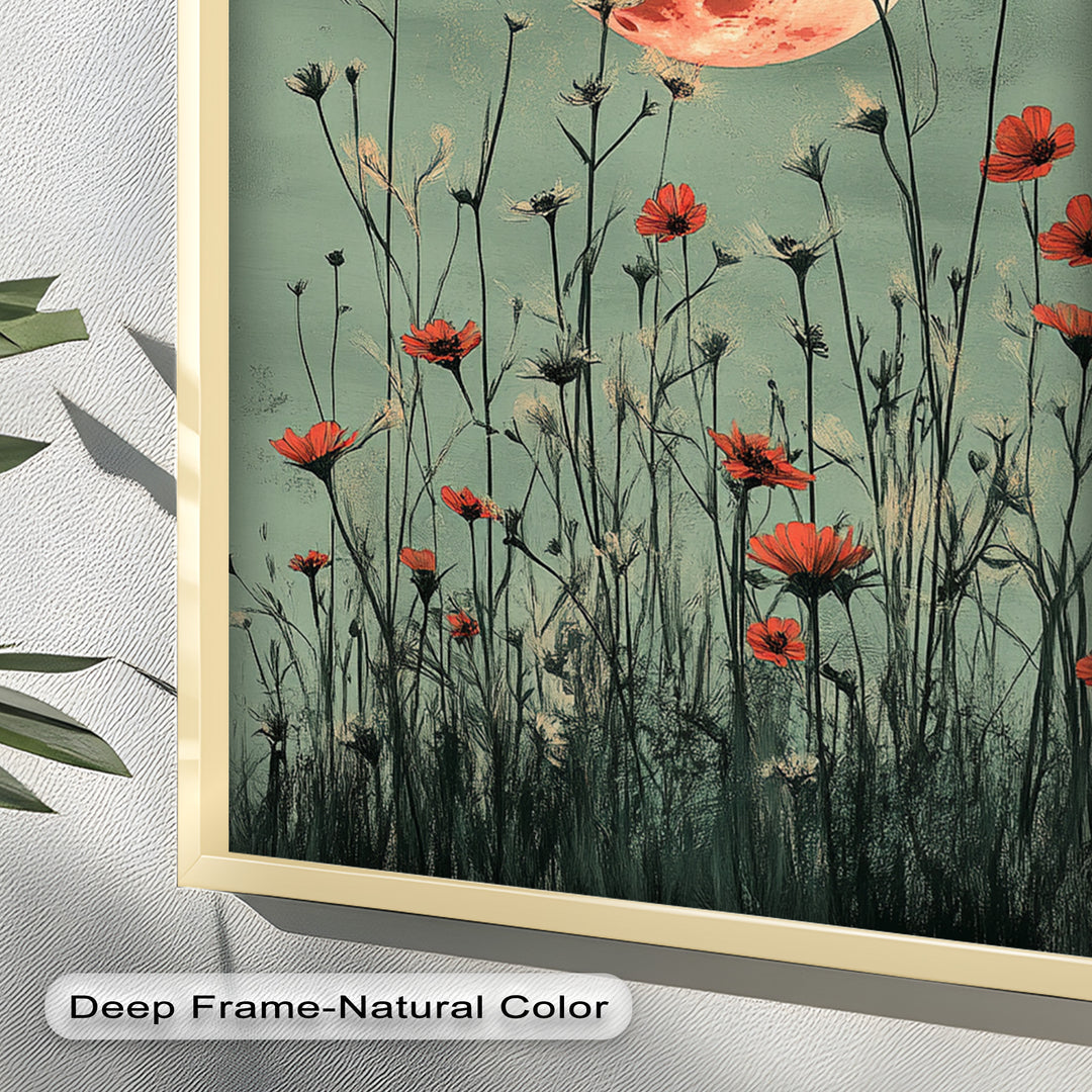 Celestial Wildflowers – Full Moon Over Red Meadow Blooms Oil Painting