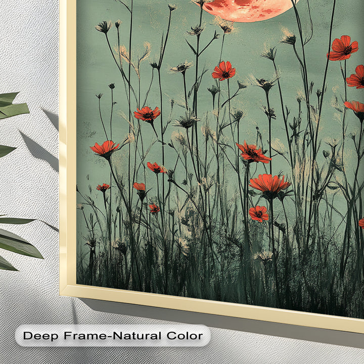 Celestial Wildflowers – Full Moon Over Red Meadow Blooms Oil Painting