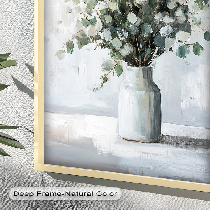 Eucalyptus Essence – Minimalist Greenery in Ceramic Vase Oil Painting