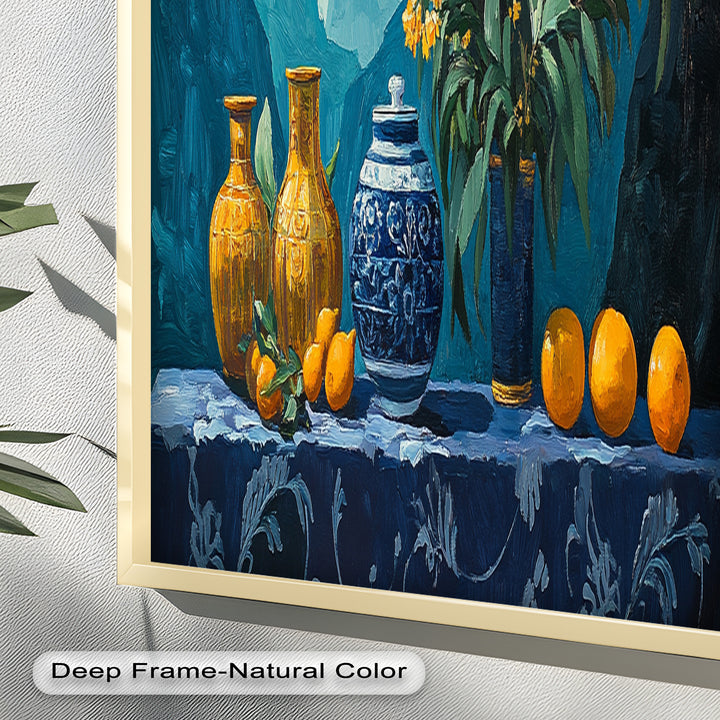 Blue & Yellow Vase Citrus Still Life – Framed Oil Painting