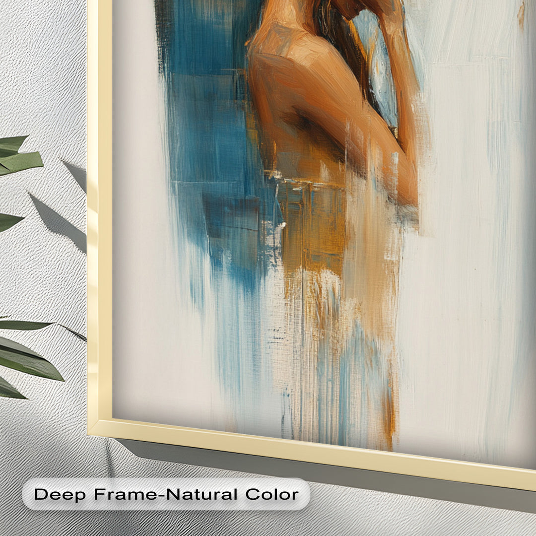 Veil of Thought – Introspective Woman in Blue and Gold Abstract Oil Painting