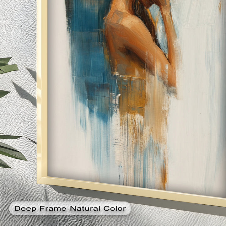 Veil of Thought – Introspective Woman in Blue and Gold Abstract Oil Painting