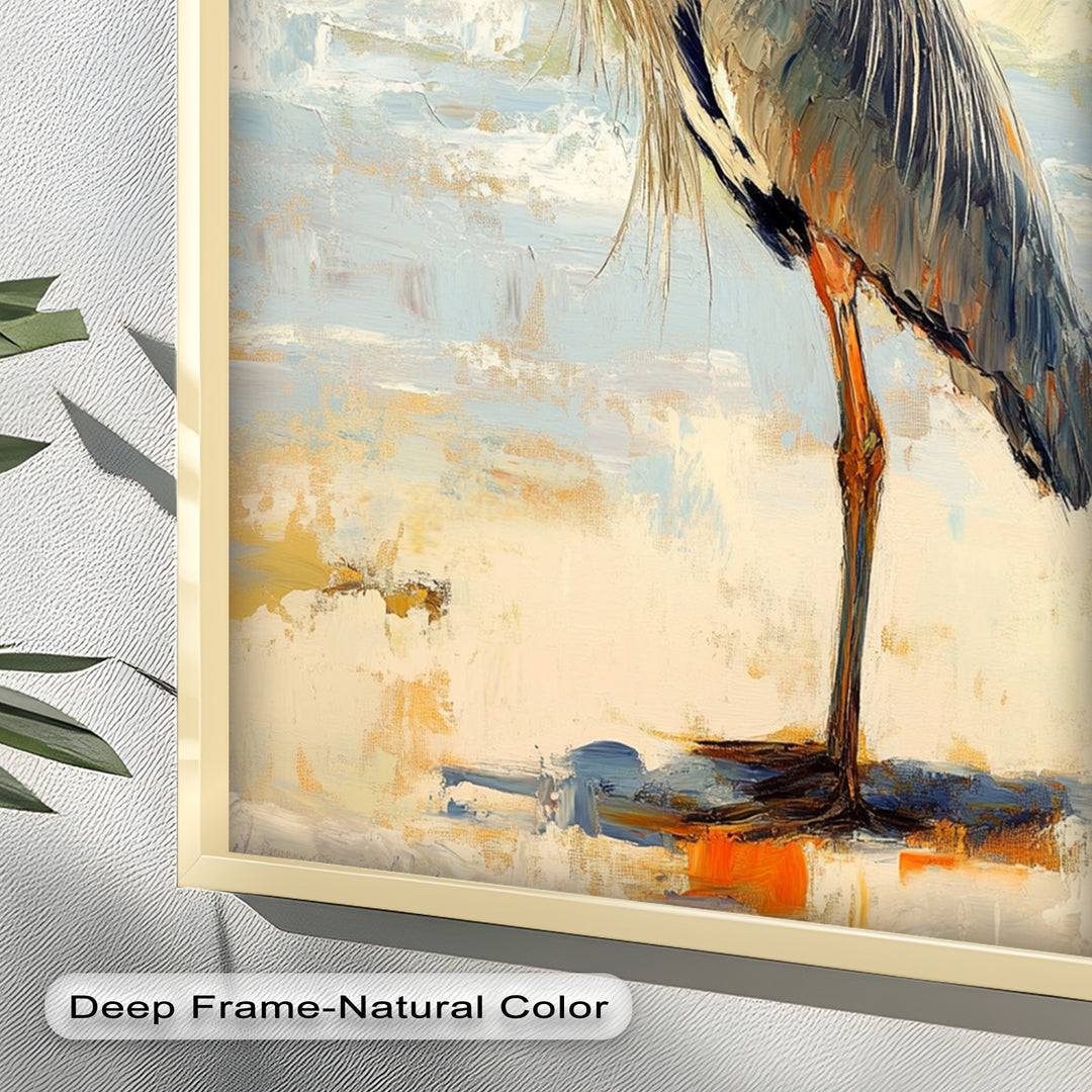 Elegant Heron Standing on Shoreline – Framed Oil Painting