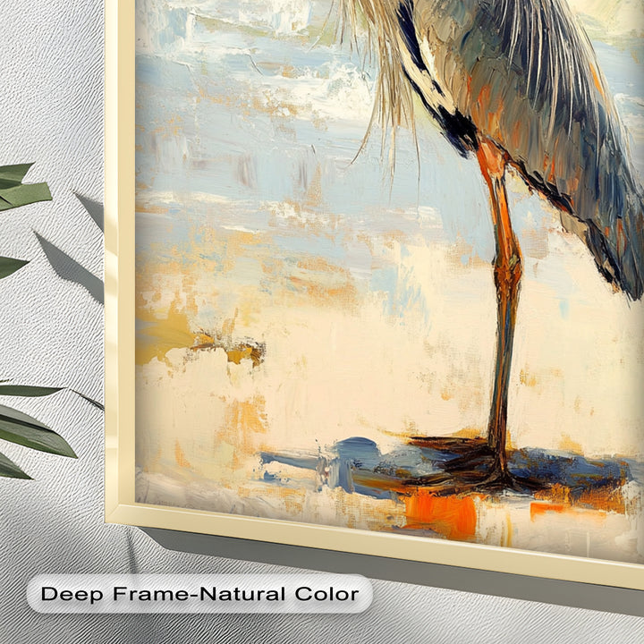 Elegant Heron Standing on Shoreline – Framed Oil Painting
