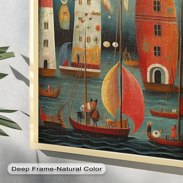 Moonlit Harbor Parade – Surreal Cat and Owl Fantasy Oil Painting