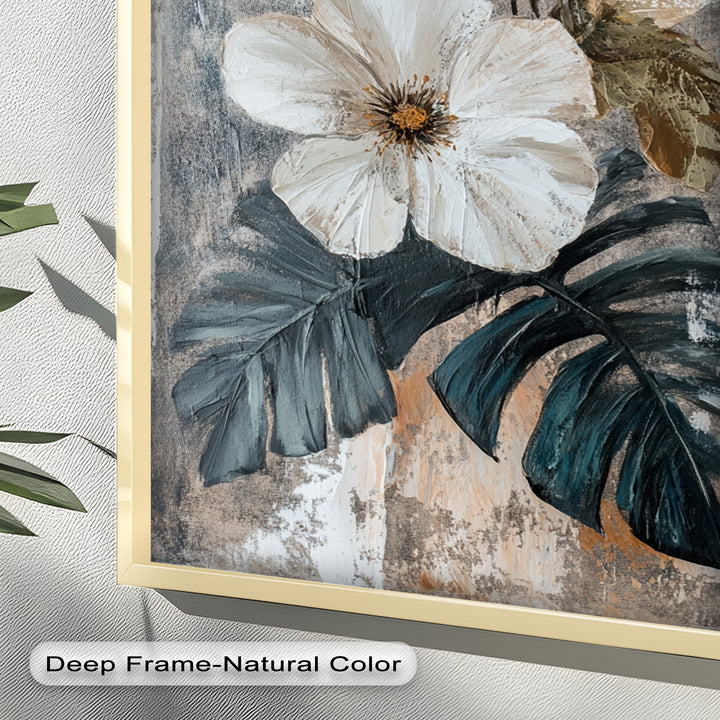 White Bloom and Tropical Leaves - Flower Oil Painting