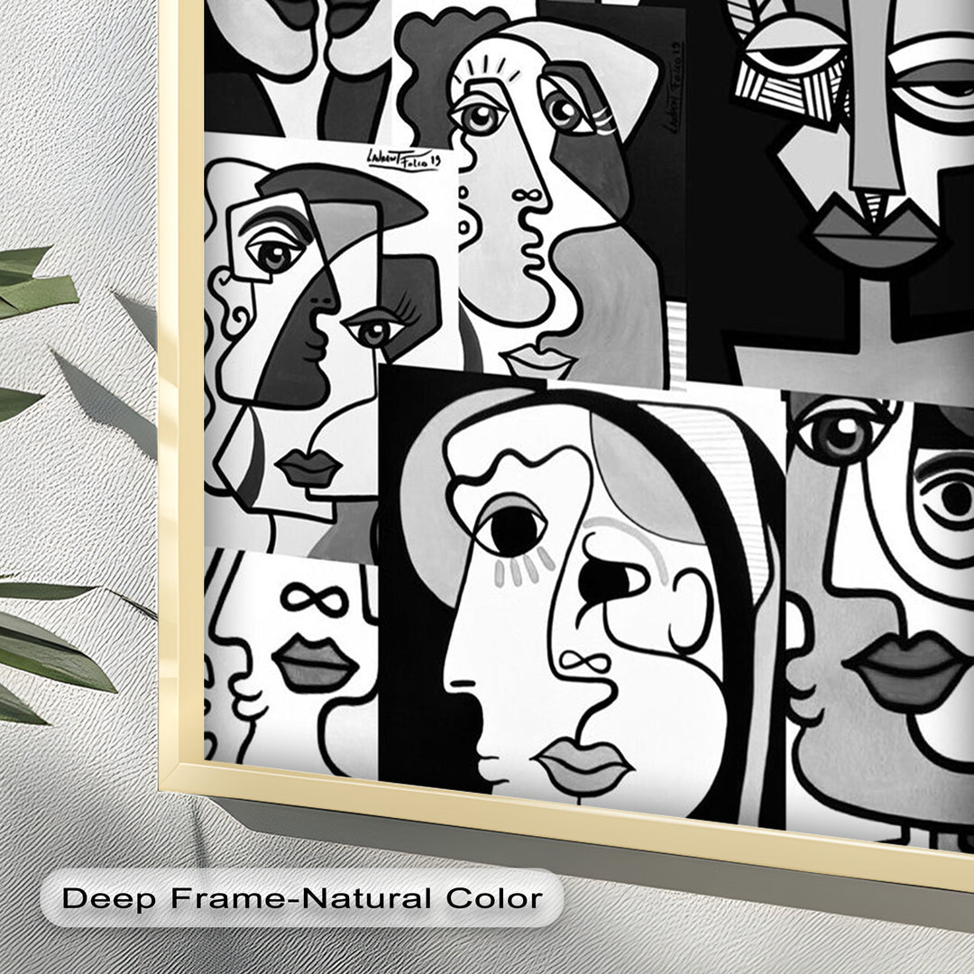 Monochrome Muse – Picasso-inspiriertes Ölgemälde mit kubistischen Gesichtern