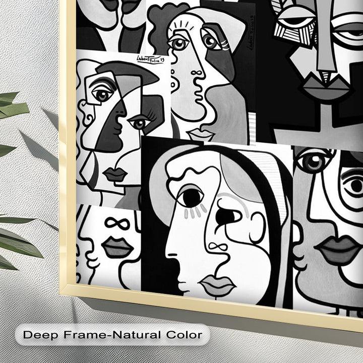 Monochrome Muse – Picasso-inspiriertes Ölgemälde mit kubistischen Gesichtern