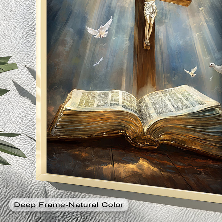 Jesus on the Cross with Open Bible and Doves - Oil Painting