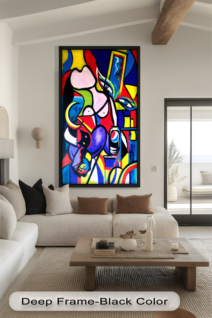 Pop Cubist Woman Wall Art – Abstract Framed Oil Painting