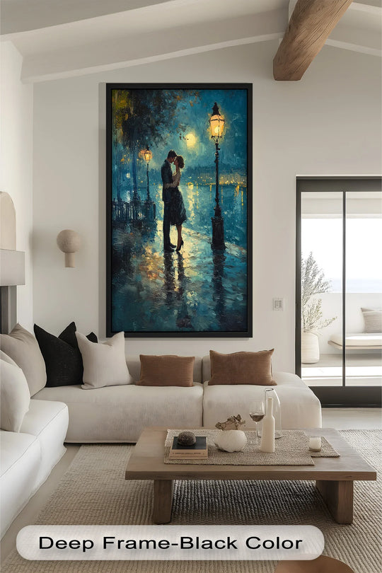 The focal point is the couple illuminated by the lamplight in this oil painting reproduction print, 'Moonlit Embrace,' radiating romance and riverside elegance.