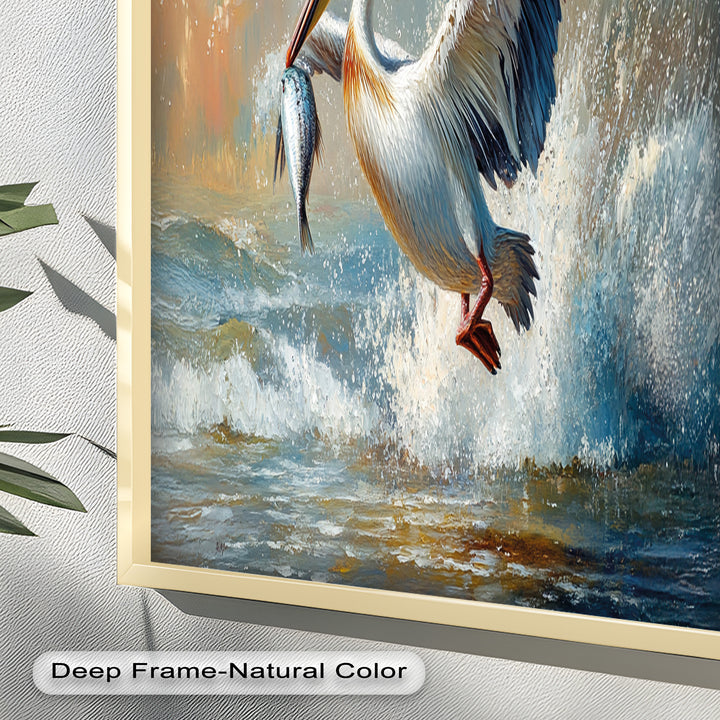 Pelican Catching Fish in Ocean Surf – Animal Oil Painting