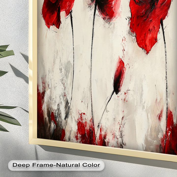 Crimson Elegance – Bold Red Poppies on Cream Flower Oil Painting