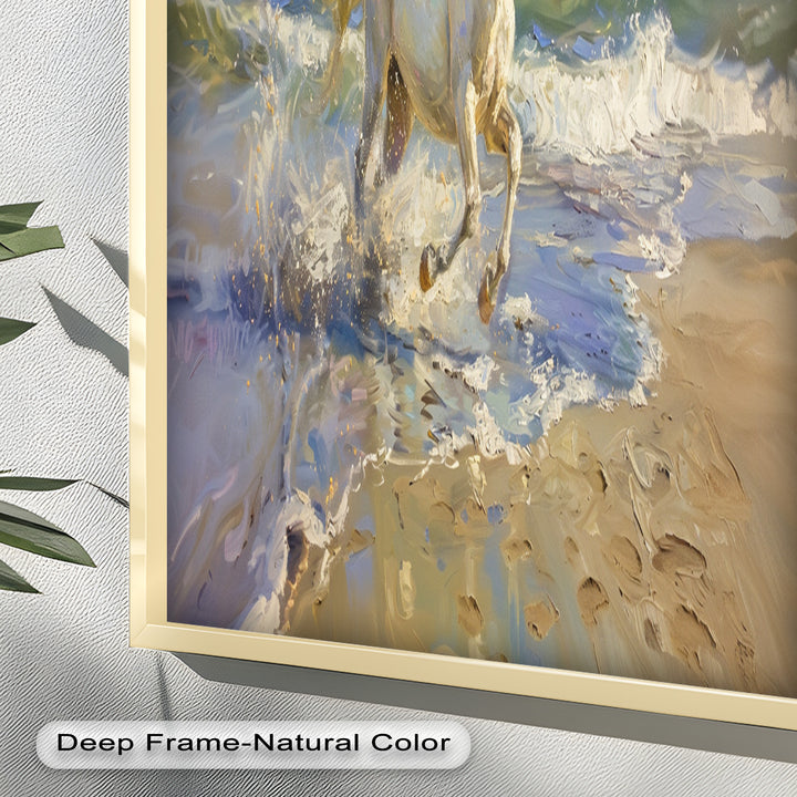 White Horse Galloping on Beach – Dynamic Oil Painting