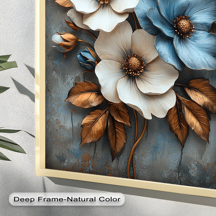 Gilded Petals – Luxuriöses Ölgemälde mit weißen und blauen Blumen