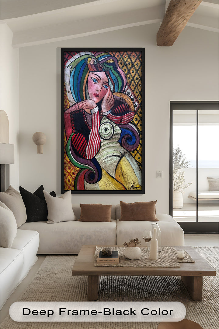 Bunte Muse – Lebendiges Porträt im Ölgemälde-Stil von Picasso
