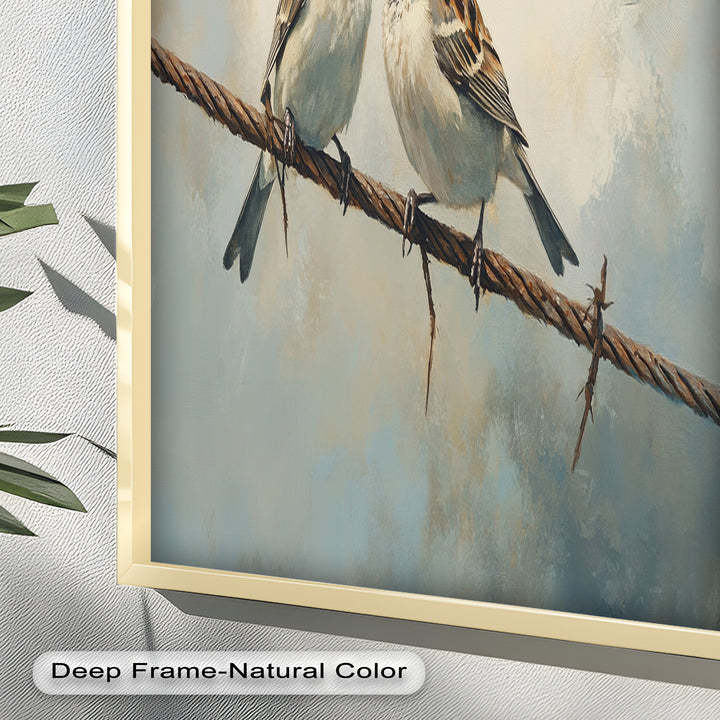 Two Sparrows on a Wire – Bird Oil Painting