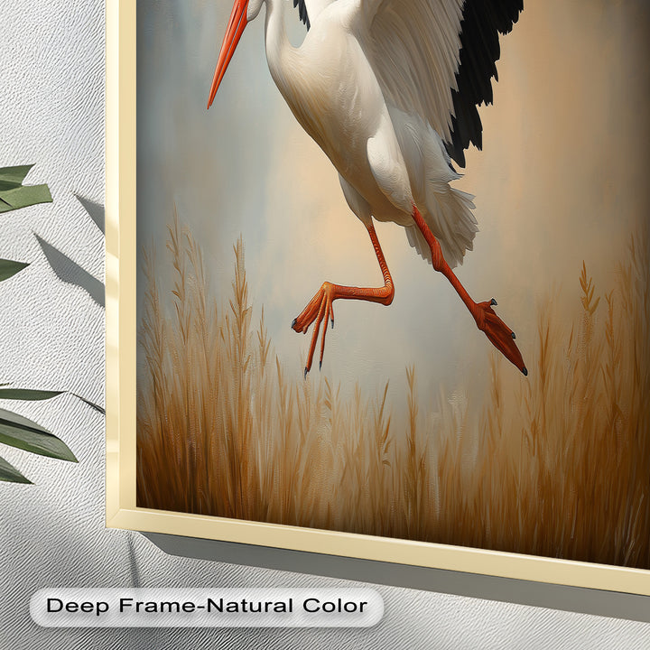 Stork in Flight over Golden Grasses – Animal Oil Painting
