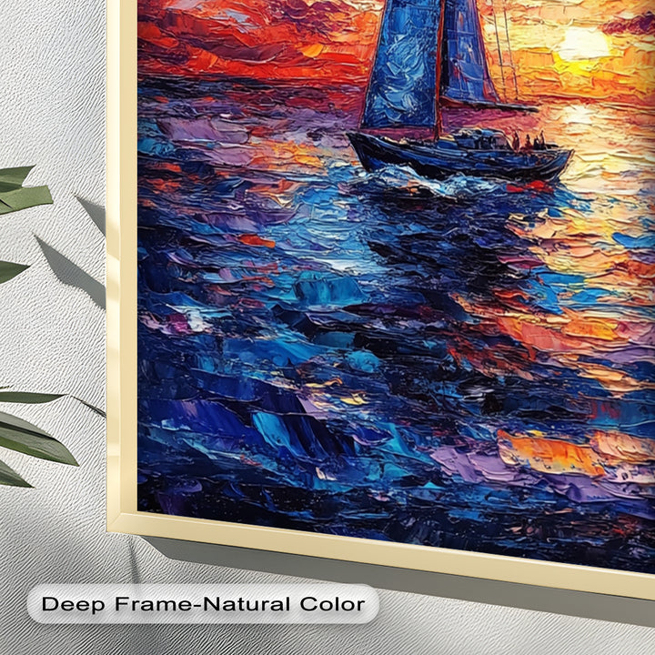 Crimson Horizon – Sunset Voyage Boat Oil Painting