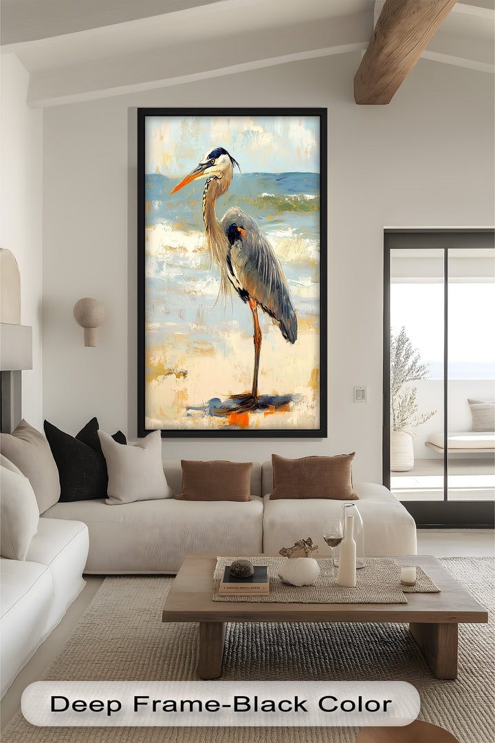 Coastal Heron with Ocean Breeze - Modern Oil Painting