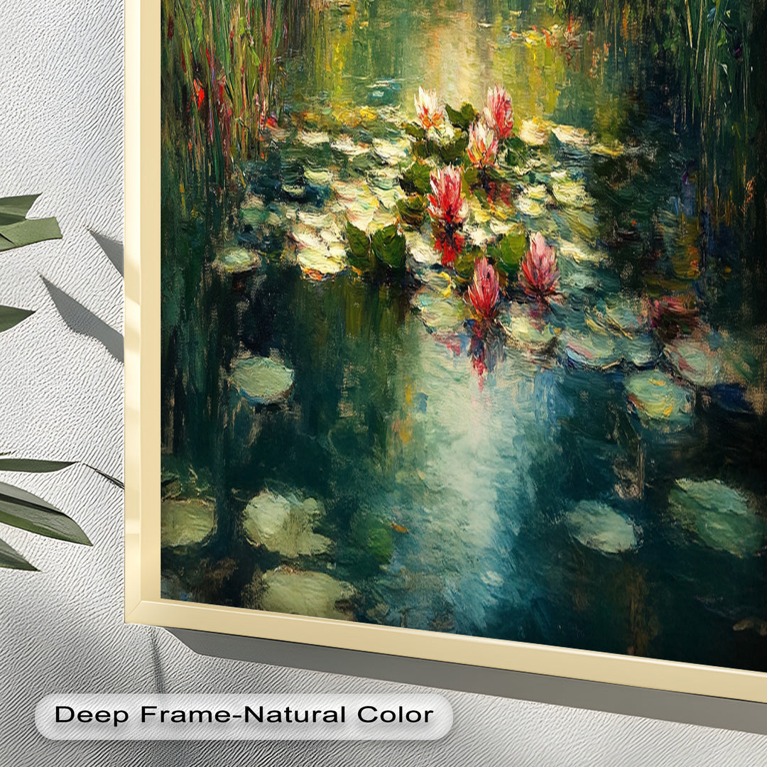 Tranquil Water Lilies in Sunlit Pond – Impressionist Oil Painting