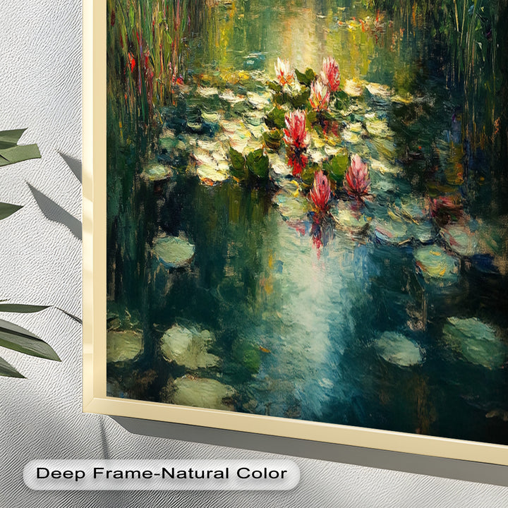 Tranquil Water Lilies in Sunlit Pond – Impressionist Oil Painting