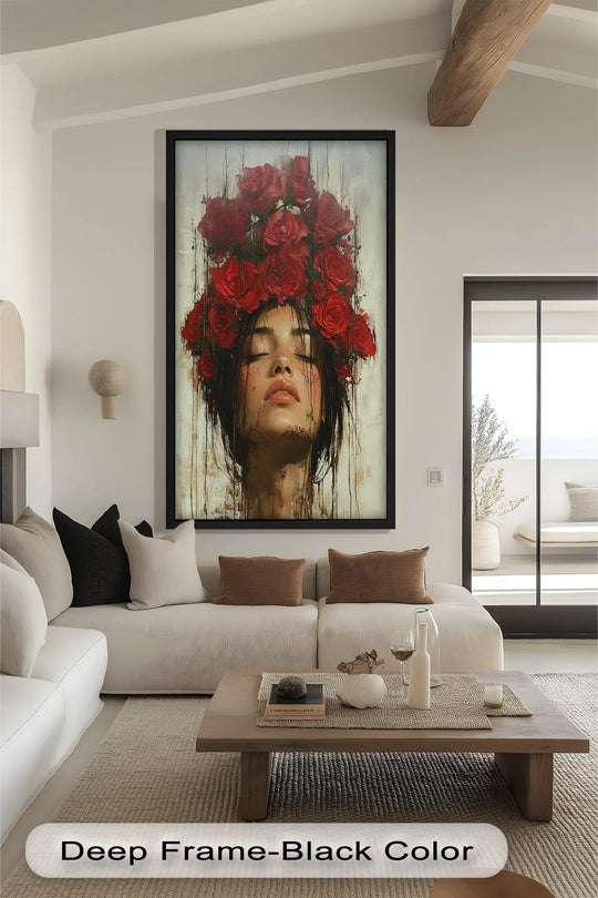 Layering is evident in the ''Crown of Crimson'' oil painting art piece, with vibrant red roses cascading around a woman's face, creating a textured and romantic floral effect.