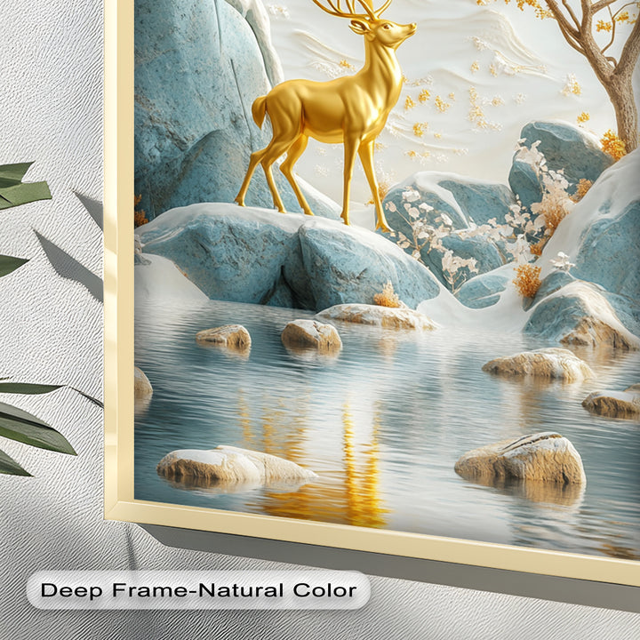 Golden Deer in Snowy Mountain - Animal Oil Painting