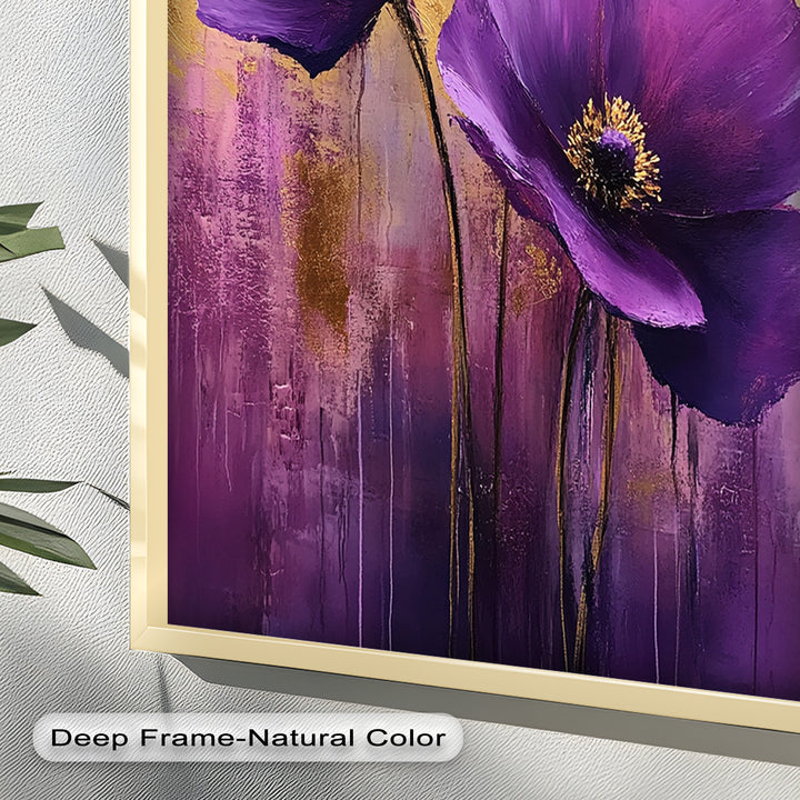 Velvet Blossoms – Purple Floral Elegance with Gold Flower Oil Painting