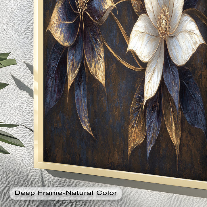 Blue Floral Stained Art – Botanical Oil Painting