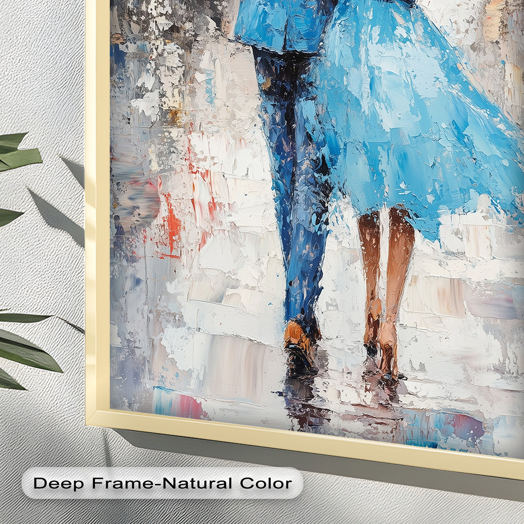 Romantic Couple Strolling in Rain - Love Oil Painting