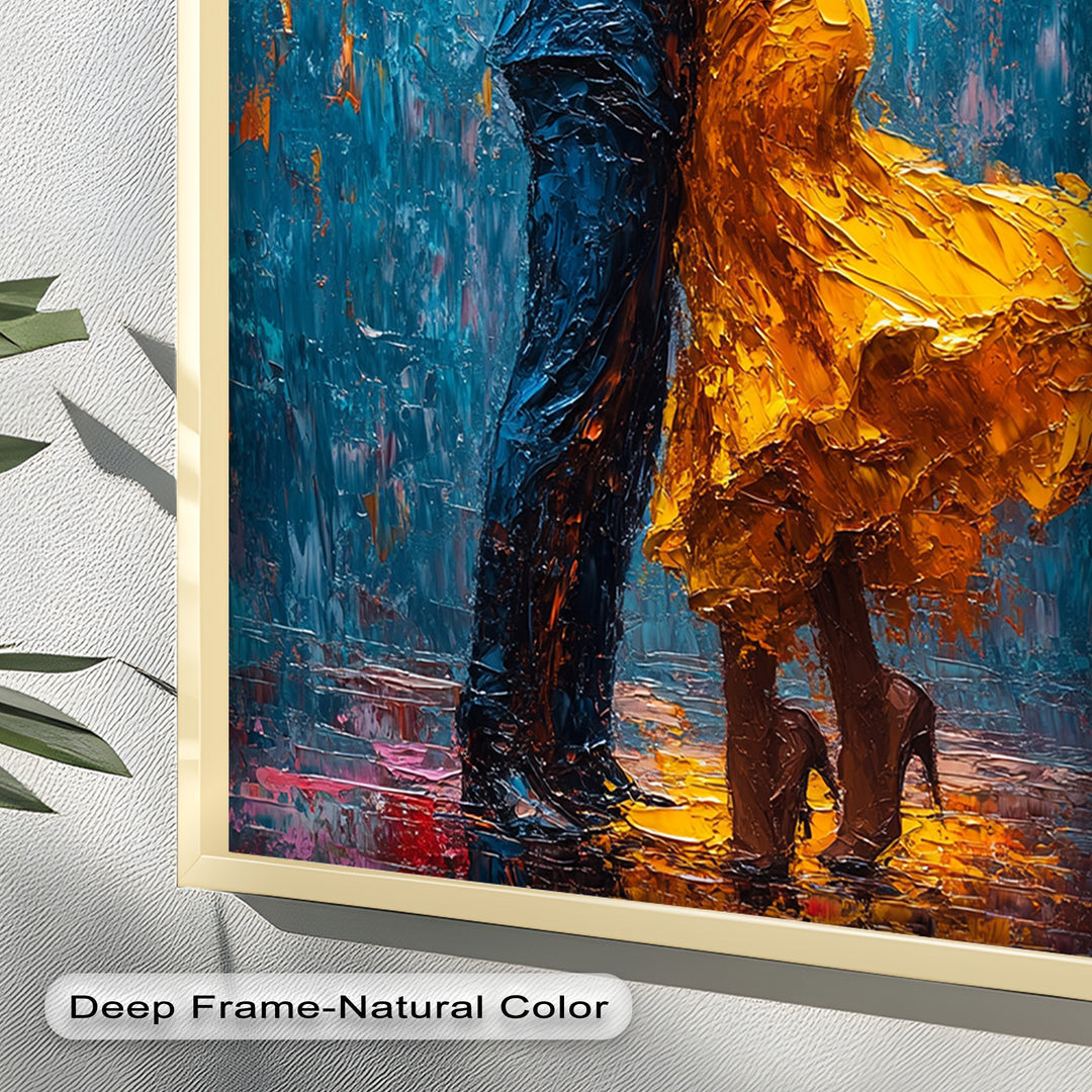 Midnight Embrace – Vibrant Couple in Yellow Dress Oil Painting