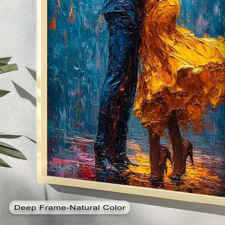 Midnight Embrace – Vibrant Couple in Yellow Dress Oil Painting