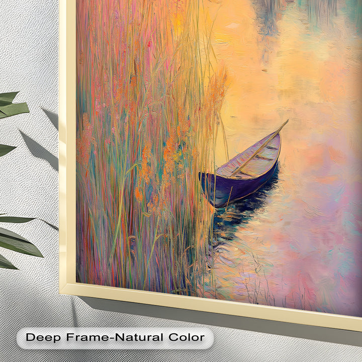 Golden Reeds and Sunset Rowboat – Impressionist Oil Painting