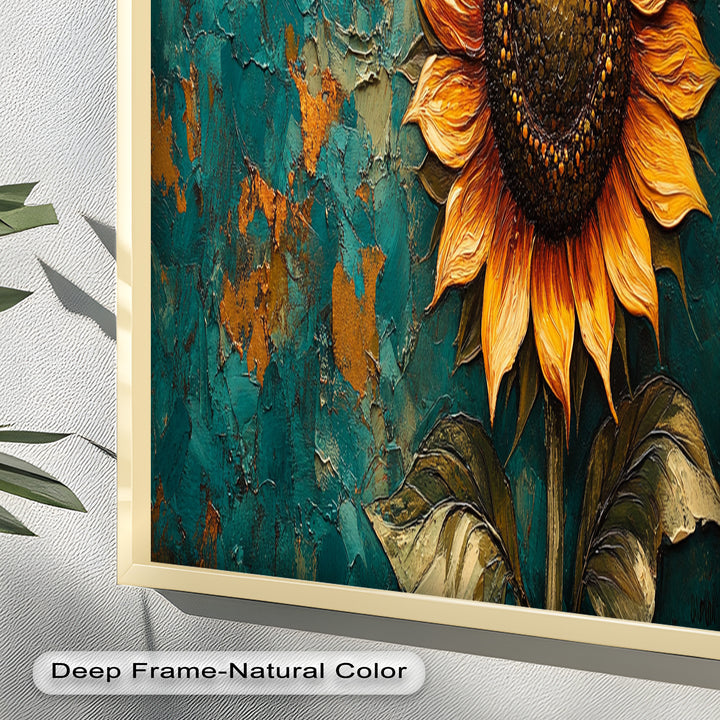 Sunflower on Textured Teal - Flower Oil Painting
