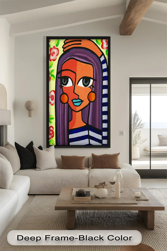 Floral background sets a vibrant scene for the Striped Muse oil painting decoration, adding depth and contrast to the stylized portrait of the woman with flowers.